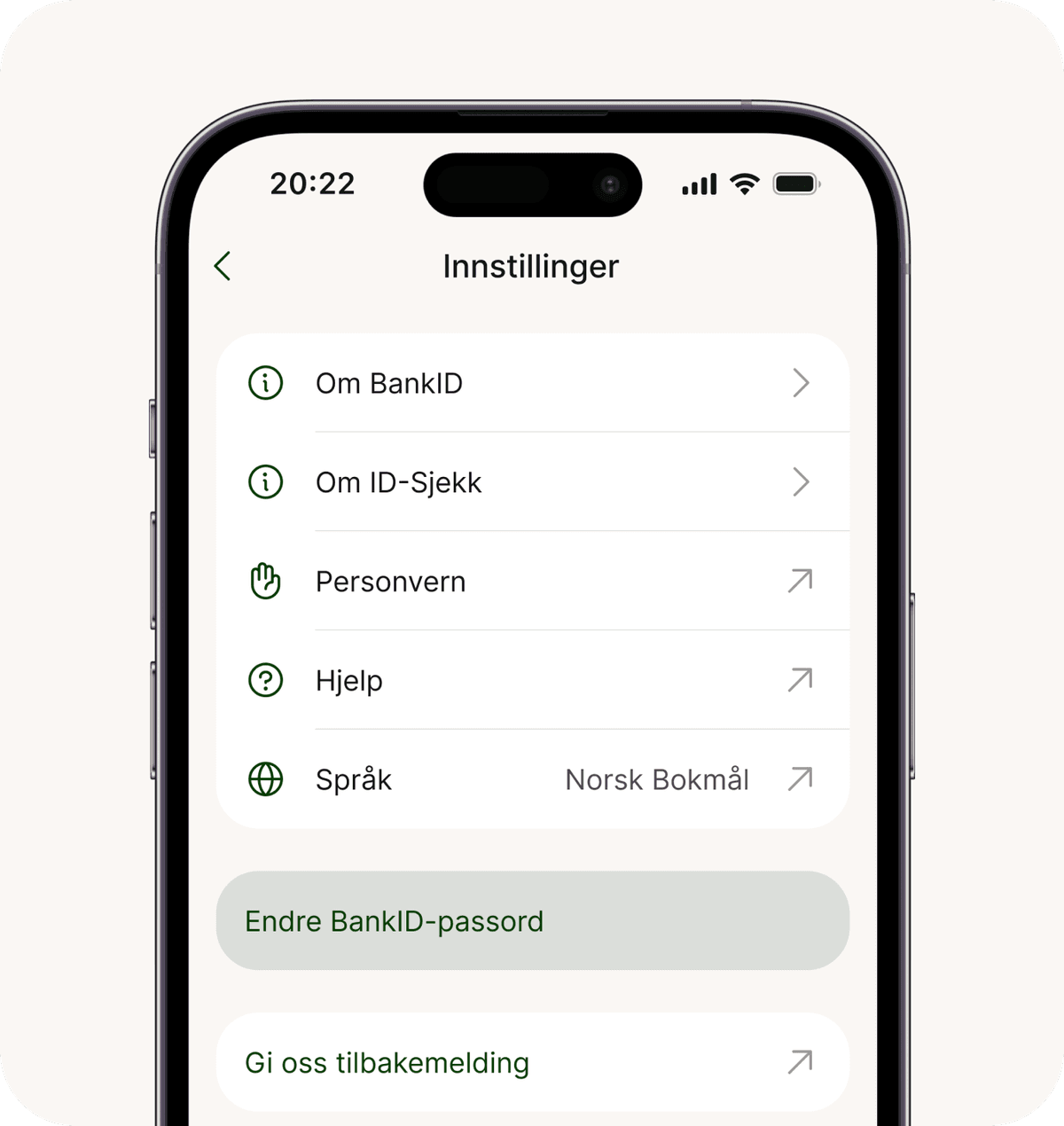 Bilde av BankID-appen. Innstillinger er valgt, og knappen hvor det står "Endre BankID-passord" vises nest nederst på skjermen.