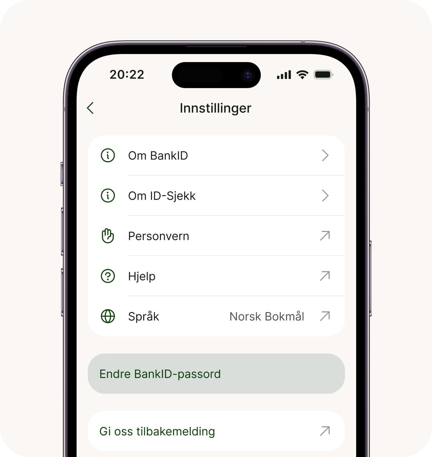 Bilde av BankID-appen. Innstillinger er valgt, og knappen hvor det står "Endre BankID-passord" vises nest nederst på skjermen.