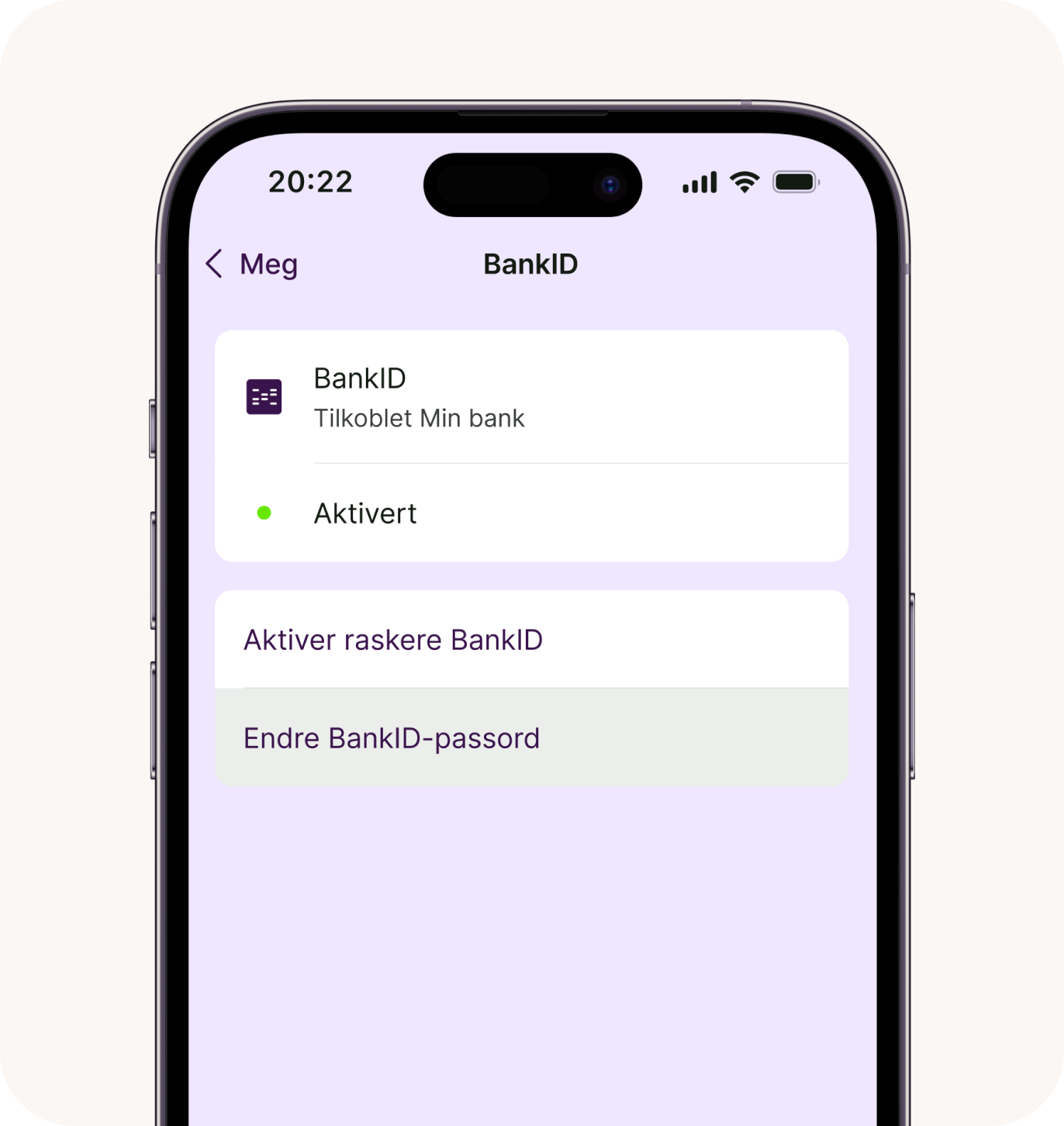 Bilde av BankID-instillinger i BankID-appen. Knappen hvor det står "Endre BankID-passord" vises nederst nederst på skjermen.