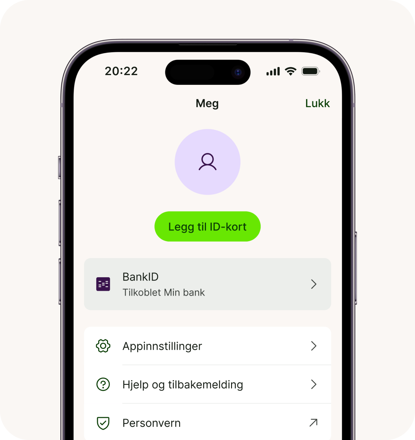 Bilde av profilsiden i BankID-appen. Knappen hvor det står "BankID" vises midt på skjermen.